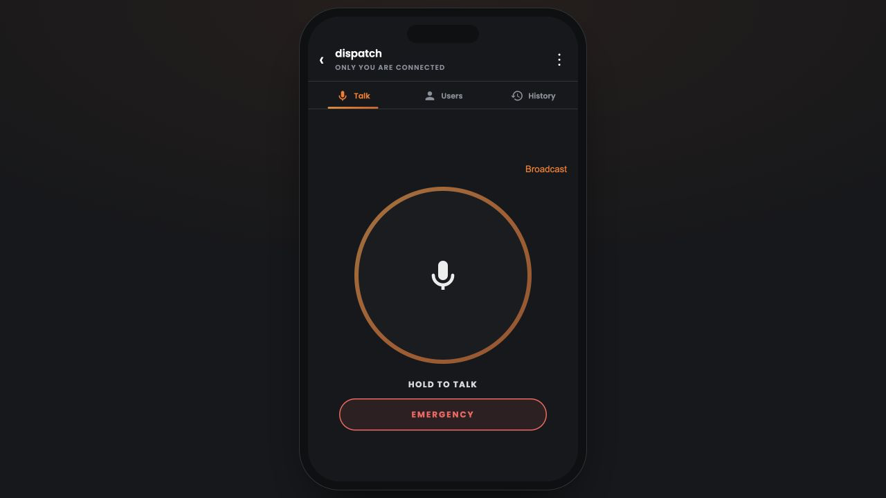 The current push.tt talk screen with the dispatch channel, emergency control and hold-to-talk ring