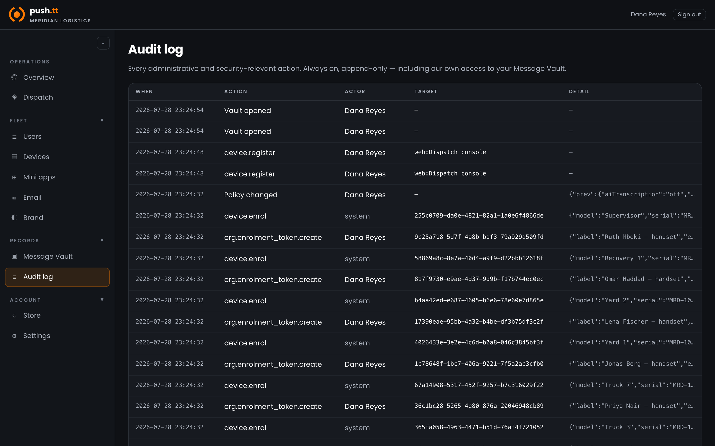 The audit log listing administrative actions with actor and target