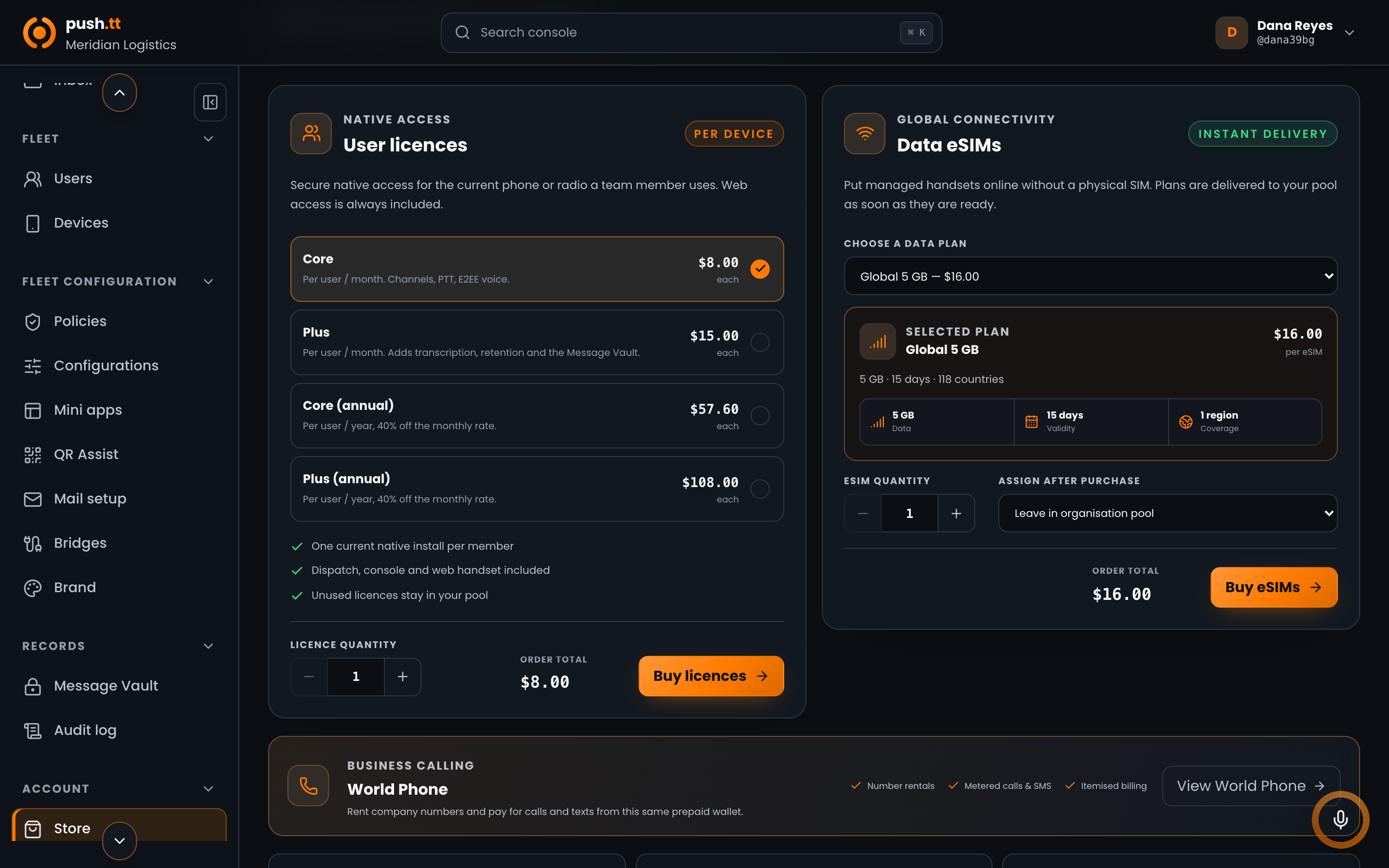 The live push.tt Store showing global eSIM plans, prices, coverage, and the organisation wallet
