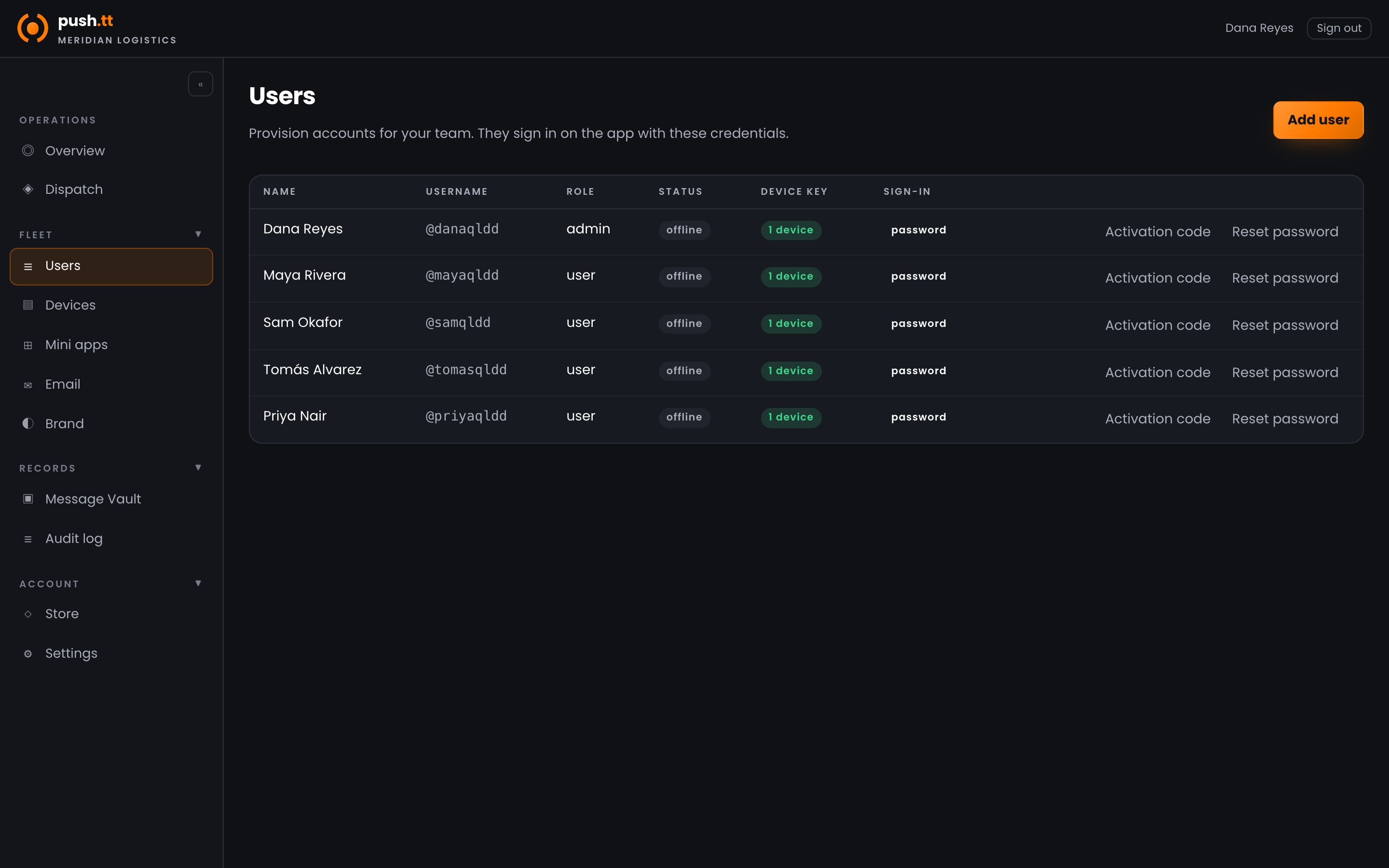 The console user list with roles and last-seen times