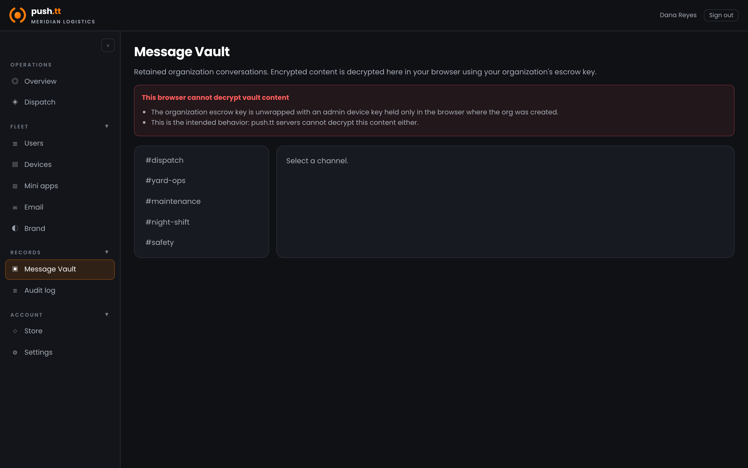 The Message Vault, listing archived channels available for compliance review