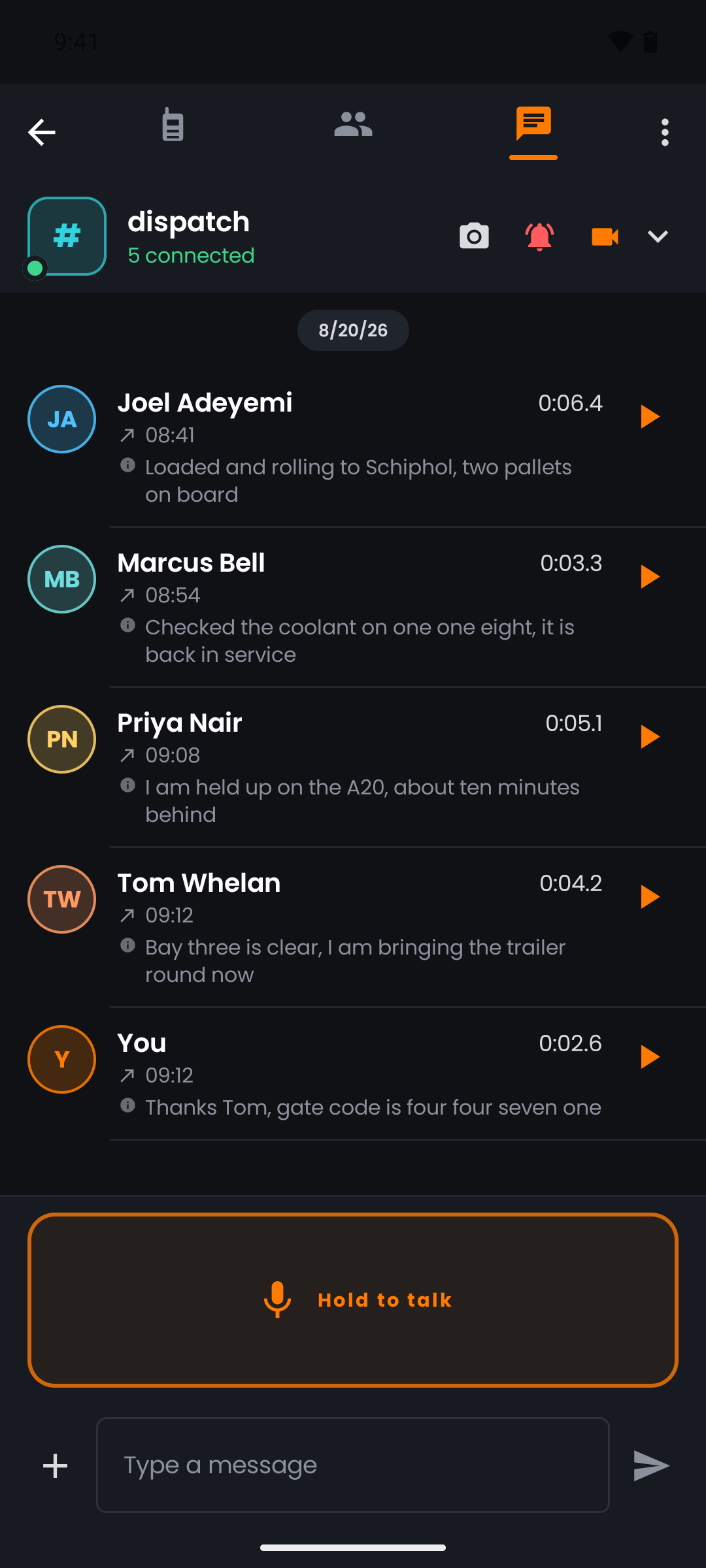 Android app showing voice history in a channel