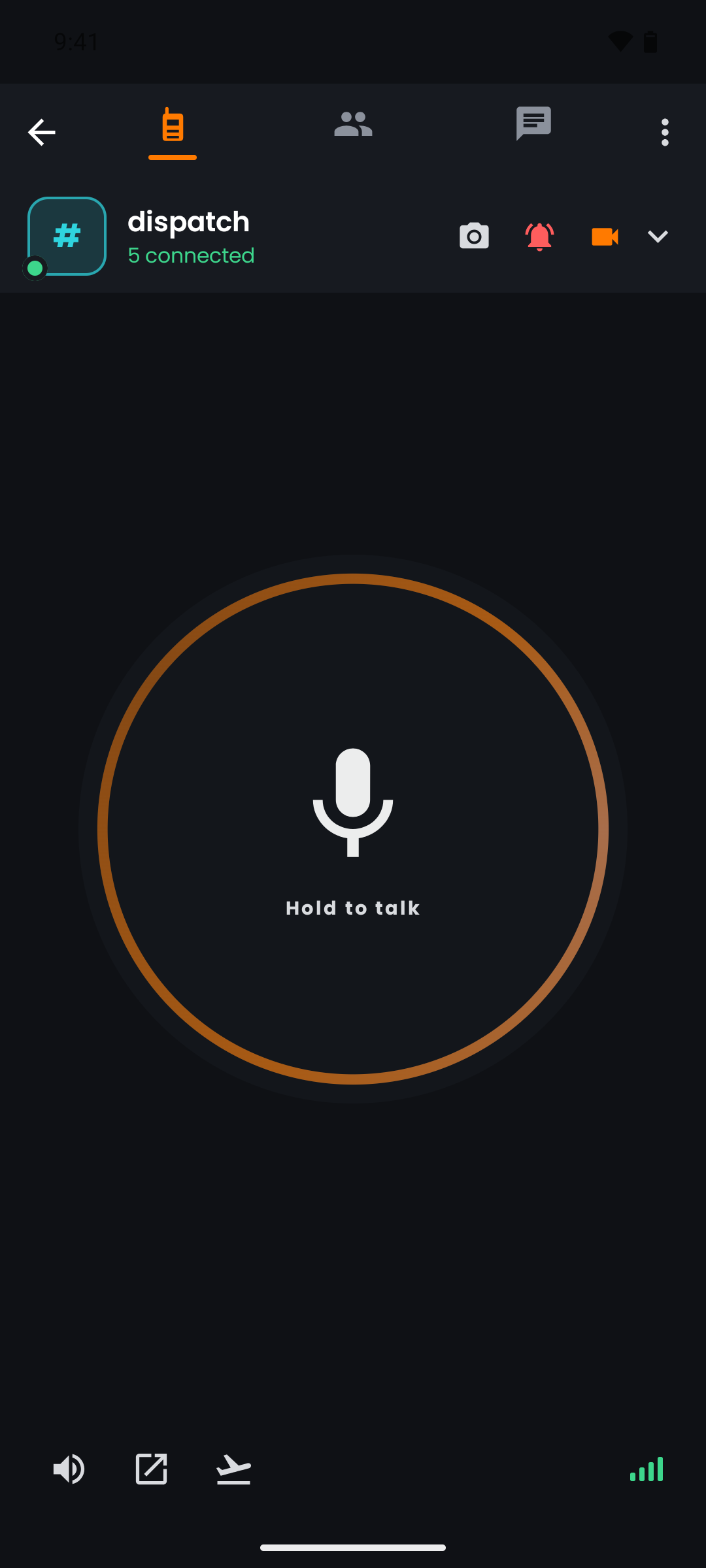 Android app showing a dispatch channel and hold-to-talk control