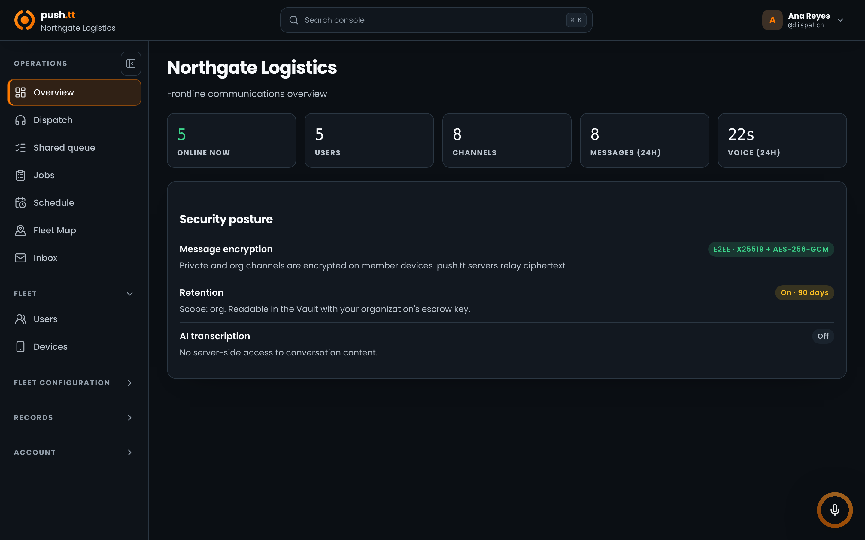 Web management console showing sample organisation overview